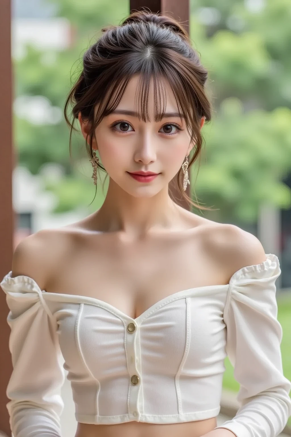 High resolution symmetrical images, (Breast Goddess, Woman born from flowers, ((round face)), Realistic Eye Size, droopy eyes, smile, small breasts, (unbuttoned shirt, Jacket), (((large swollen areolas,, nipple))), (close up chest, armpit, 胸のangle from below), blonde braids, short hair, ((art nouveau)), (ecstasy face), (Alphonse Mucha), small earrings, ((on the road, wood, Buildings in medieval Europe)), angle from below、(anatomically correct)、(perfect body proportions)、(Natural Hands、natural fingers)