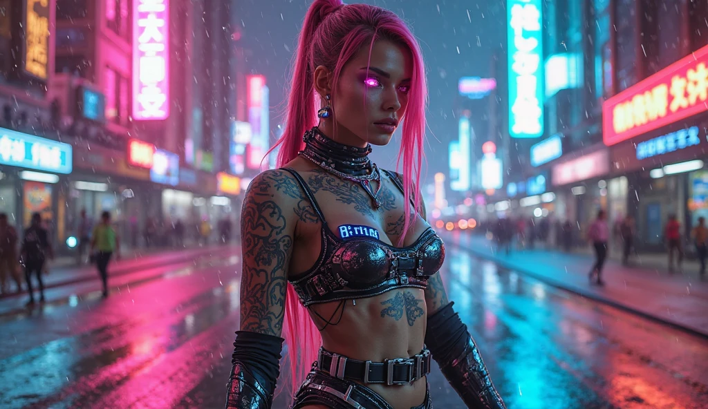girl with a beautiful face, Neon-accented cyberpunk beautiful sexy girl, without tattoo, hot body, looks into the camera, beautiful breasts, Photo up to the waist, Excellent quality, high detail