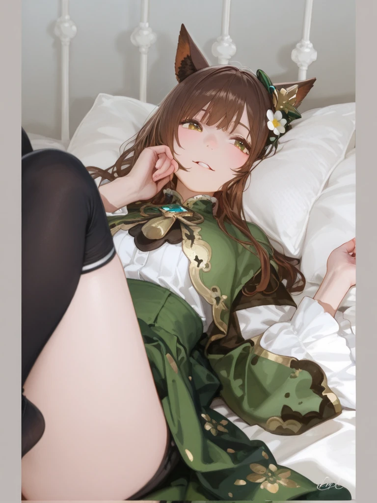 nsfw,Fucking,penises,Riding on top of a naked man,all-fours,Bare breasts,Lying down,Squashed chest,Viewer's Perspective,blushed face,Shy,a smile,Close-up of the face,Whip thighs,a bed,aasato, long hair, half updo, braid, hair between eyes, animal ears, ear ornament, horse tail, breasts, frills, black ascot, green dress,black thighhighs,Top image quality,Masterpiece,Best Quality