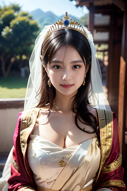 colorful, sky, flowers, magical, fantasy, tale, top-quality,Beautiful detailed hijabi,Bewitching face,tzuyu iu yooa ,long lashes,Wearing a colorful bellydancer,Detailed details,Colossal ,With cleavage, underboob, sideboob,stares at the camera, hogwarts