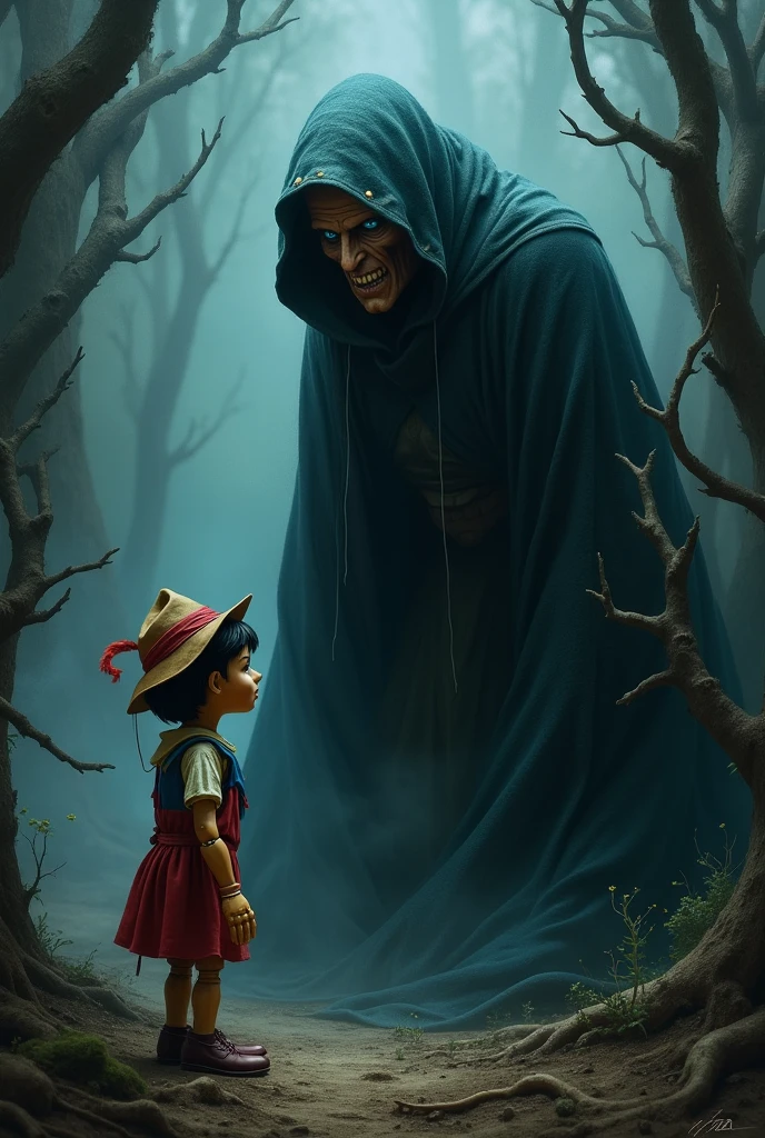 the girl cartoon with long brown hair, round brown hat and blue dress shirt is crying so badly and became small. There is also witch infront of her, not back