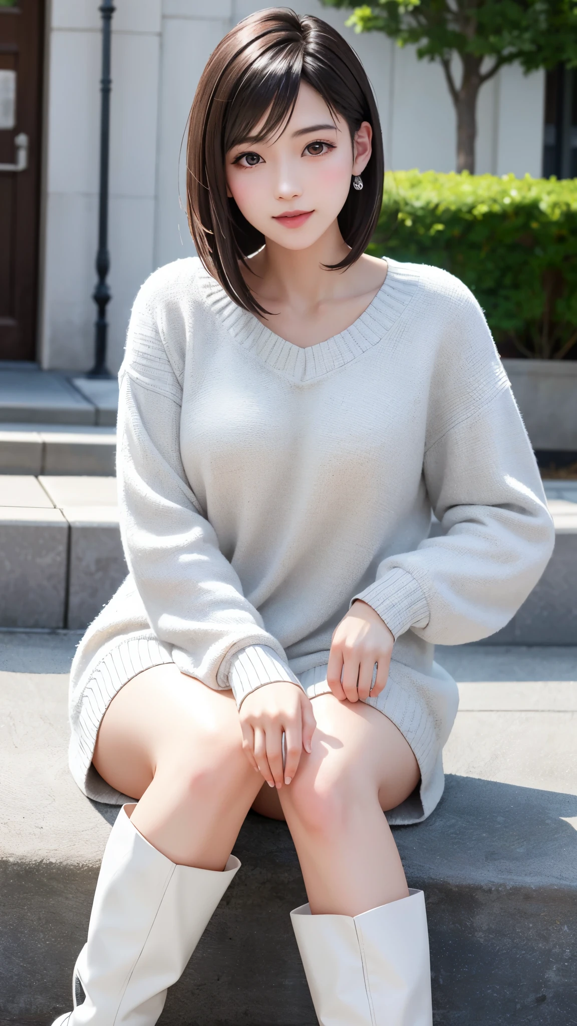 (top quality, masterpiece: 1.1), (Realistic: 1.3), (photo Realistic: 1.3), BREAK {{{FF7,Tifa_lockhart,solo}}},(Wearing loose knit-dress:1.3,oversized sweater:1.3,long sleeve:1.2,white sweater),((short pants)),(tight very long boots:1.2),(Shibuya, Tokyo, big city background:1.1,outdoor),(model pose:1.1),Ultra-detailed face, Detailed eyes, Red eyes, BREAK {{{FF7,Tifa_lockhart,solo}}},(black brown hair, Large breasts: 1.0), BREAK (no bra),(Small and beautiful hard nipple) , About 18 years old, kawaii,(face focus:1.0), sensual, zettai_ryouiki:1.1 ,looking at viewer, cowboy shot, lean against the wall, standing