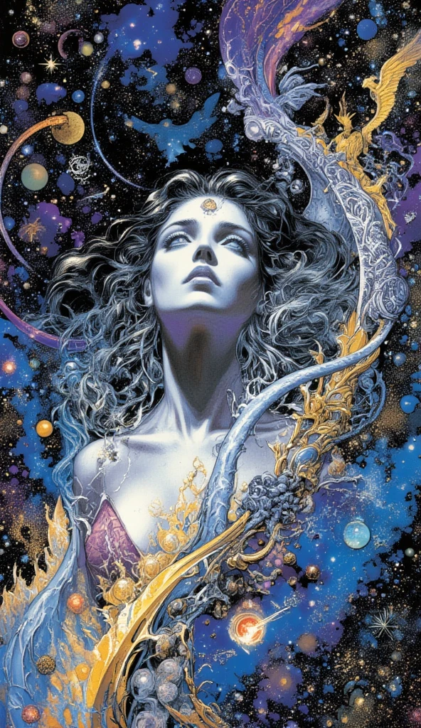 some sexy, dark, queen of hell, loneliness, magic, magic, fantastic, night sky, moon, stars, background, , (art inspired by Bill Sienkiewicz). oil painting)