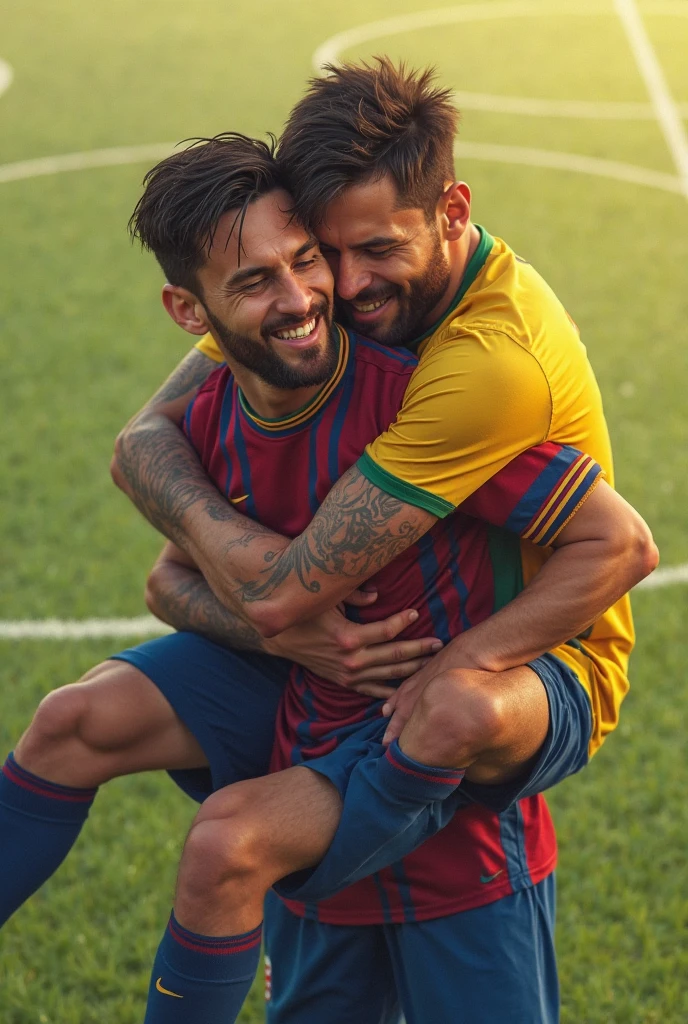 Crée une photo giga réaliste de Messi qui est en train de fumer de la marijuana avec Cristiano Ronaldo dans son canapé , avec des chaussure en forme de caca 