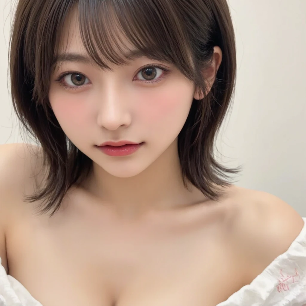 absurdres, (masterpiece, best quality), (ultra-detailed), extremely detailed,super high resolution, (Top Quality photorealistic Illustration), (Super Definition), (best quality,masterpiece:1.0),(cute illustration), (high Saturation:1.2), highres, ultra-detailed, 32k,8k resolution, intricate details, cinematic scene, detailed background, Soar (High chroma),(Sparkling),bathroom, depth background, in the sandy beach, ocean, splashing, blue sky, windy, rim light, sunlight, beautiful lighting, strong light,BREAK (1 girl) (kawaii), (cute), Beautiful and delicate eyes, Delicate and beautiful face, Facial accents, Perfect figure,(open shirt), (show off small nipples:1.6), (small areolas), Uniforms、bright expression、short bowl cut、Young shiny shiny white shiny skin、Best Looks、Natural black hair with dazzling highlights、shiny light hair, (short hair), silky straight hair、Beautiful bangs that shine、Double eyelids、eye liner、Glowing crystal clear attractive big brown eyes,(Very beautiful nice cute 14 year old Nordic girl)