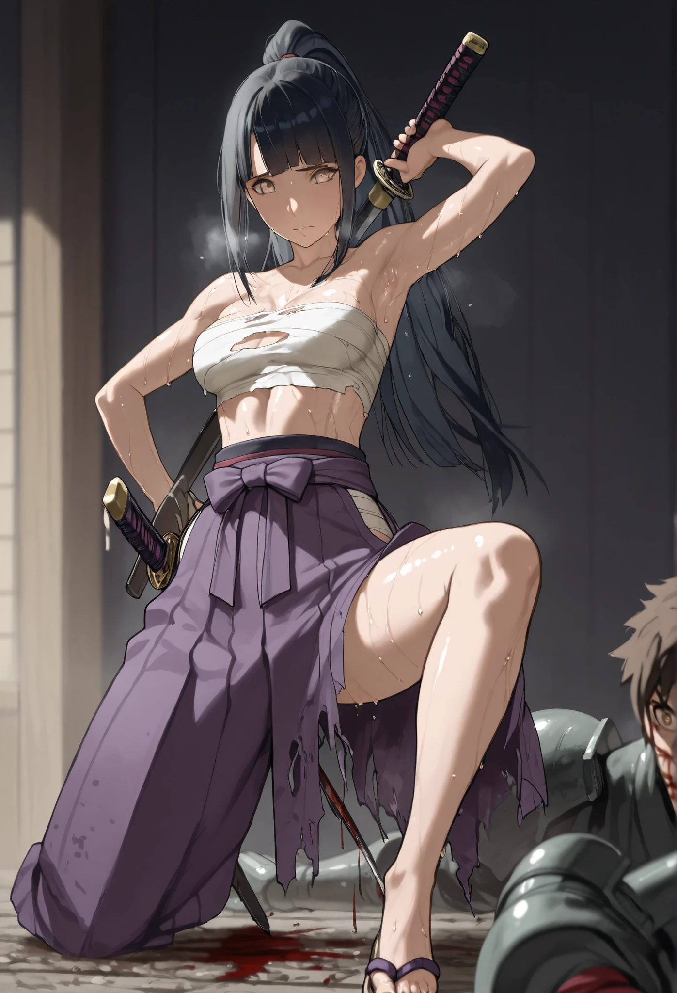 hinata, Masterpiece, 8K, a full body girl, hair style with a long ponytail, black hair, in a torn white sarashi and a hakama, loincloths under hakama,  exposed thighs , (bated breathing), knee up, thin , , neckline, hollow between thighs, gunman, dynamism, Unreal beauty, Enchanting Eyes, rostro perfecto, light and dark brown eyes, bright eyes, (sweaty:1.3), sweaty armpit, (stained with sweat), (He dances with his katana, torn that run over samurai soldiers one after another:1.3), battle scene, (dynamic action posture with :1.2), deeply wounded, bleeding from a large number of severed wounds, 