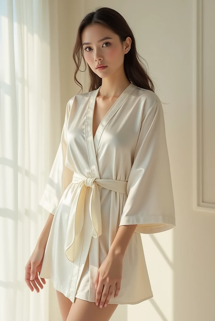 highest quality:1.3, masterpiece, Ultra-high resolution, realistic:1.3, solo:1.3, ((Clear Face)), sidelighting, cowboy shot, (looking at camera:1.3), (bathrobe), standing, white background, Showcasing cleavag, arms behind back, (big busts), smile