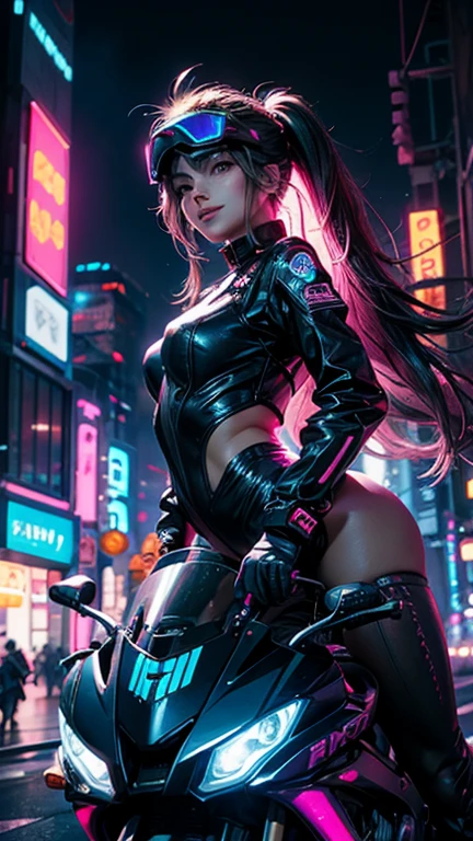 Masterpiece, professional, award-winning, intricate details, ultra high detailed, 64k, dramatic light, volumetric light, dynamic lighting, Movie Aesthetic, action shot, photo real, cinematic moviemaker style. Cyberpunk fantasy.1girl, beautiful, sexy smile, 25 years old, purple hair, , long hair, neon costume, (extremely detailed face), ((extremely detailed eyes)), emerald eyes, bpiercing eyes, bangs, riding (To the right of the viewer) her purple emerald cyberpunk motorcycle down a neon-lit street at night, 1girl and 1bike. Score_9, score_8_up, score_7_up, more detail XL, Realism