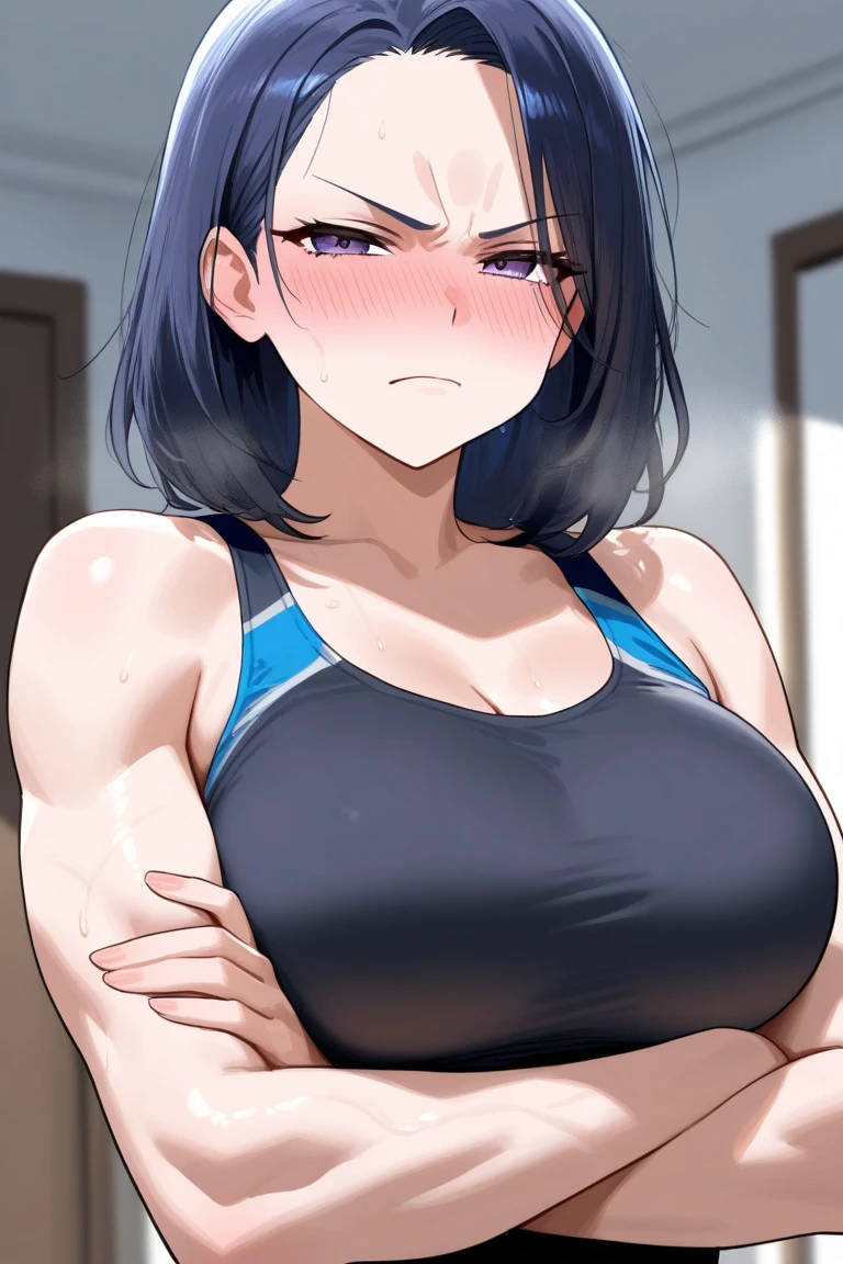 1 milf, purple and slightly black hair, wearing a black tank top, cynical look, angry face, white background, sex scene