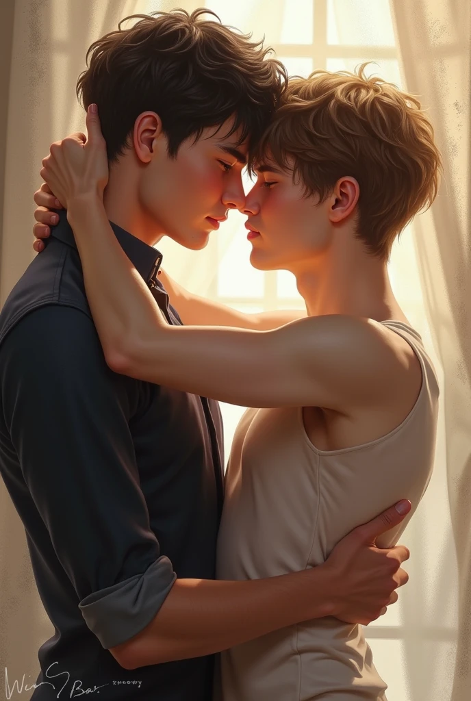
Imagine a book cover with two boys in a strong and affectionate embrace. The boy on the left has black hair and extremely bright blue eyes., He is short but mature but the one on the left is tall and strong blond but mature but mature! antique clothing 