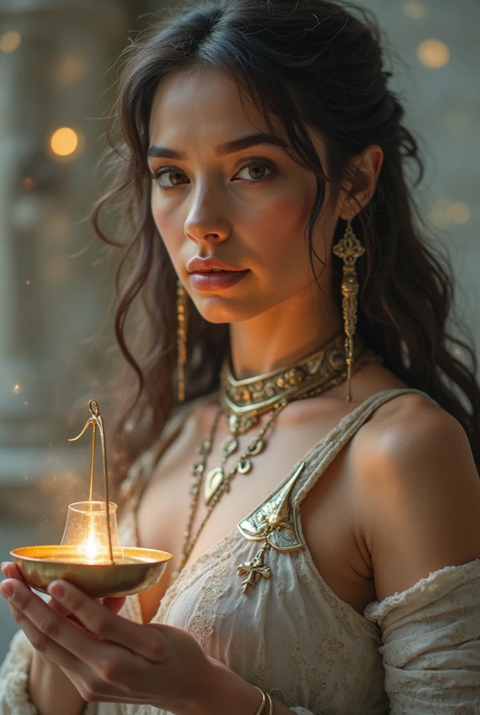 a gorgeous genie emerging from an oil lamp in a puff of smoke, beautiful detailed face and eyes, long eyelashes, ornate golden lamp, dramatic lighting, cinematic composition, highly detailed, intricate details, photorealistic, 8k, HDR, dramatic lighting, warm color palette, fantasy art, concept art, digital painting, chiaroscuro, harem pants, thin veil