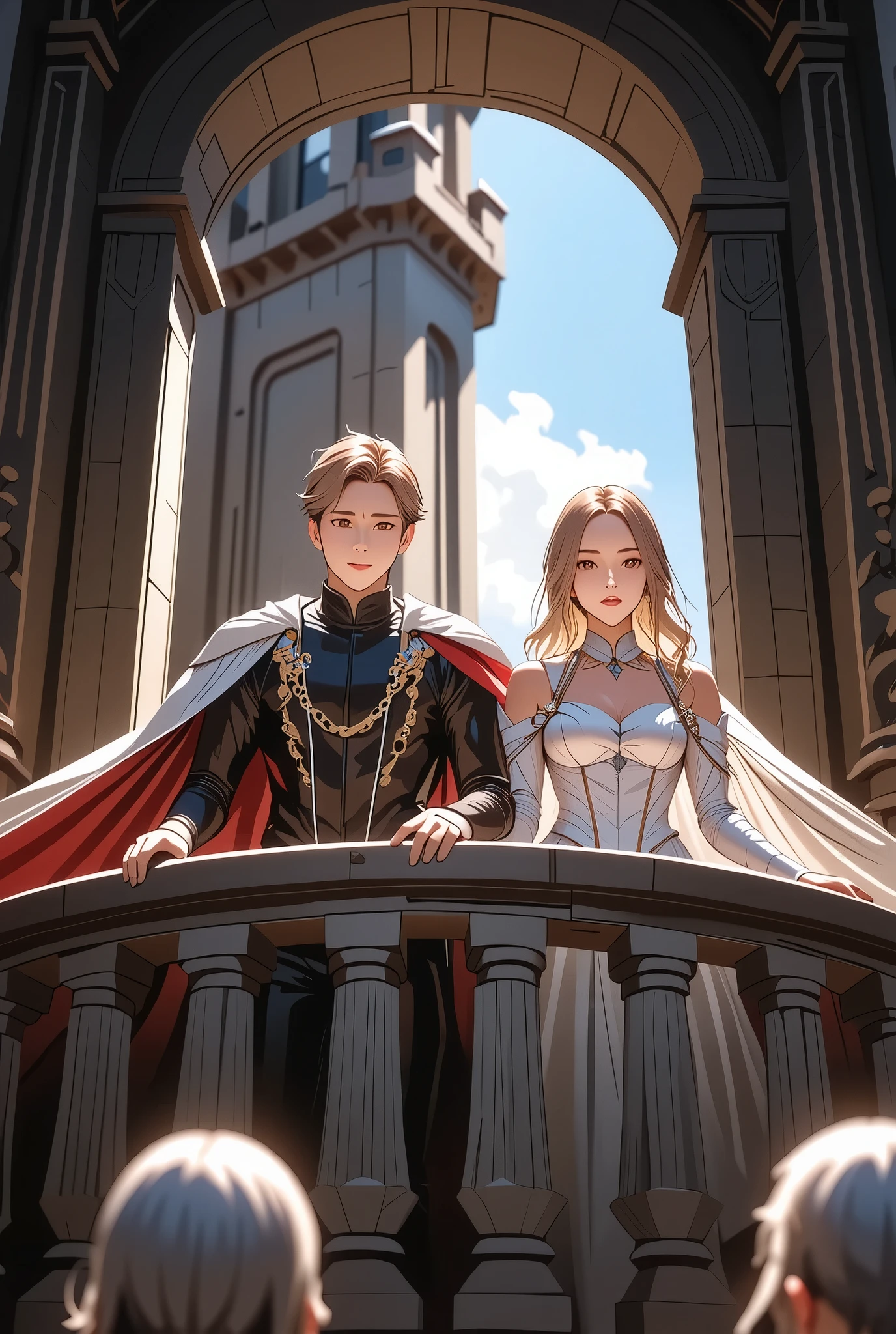 king and queen, A pair of royalty, (Real life mature men, with anime mature women), Royal Costume, Look down at the public from the austere castle balcony, view from below,