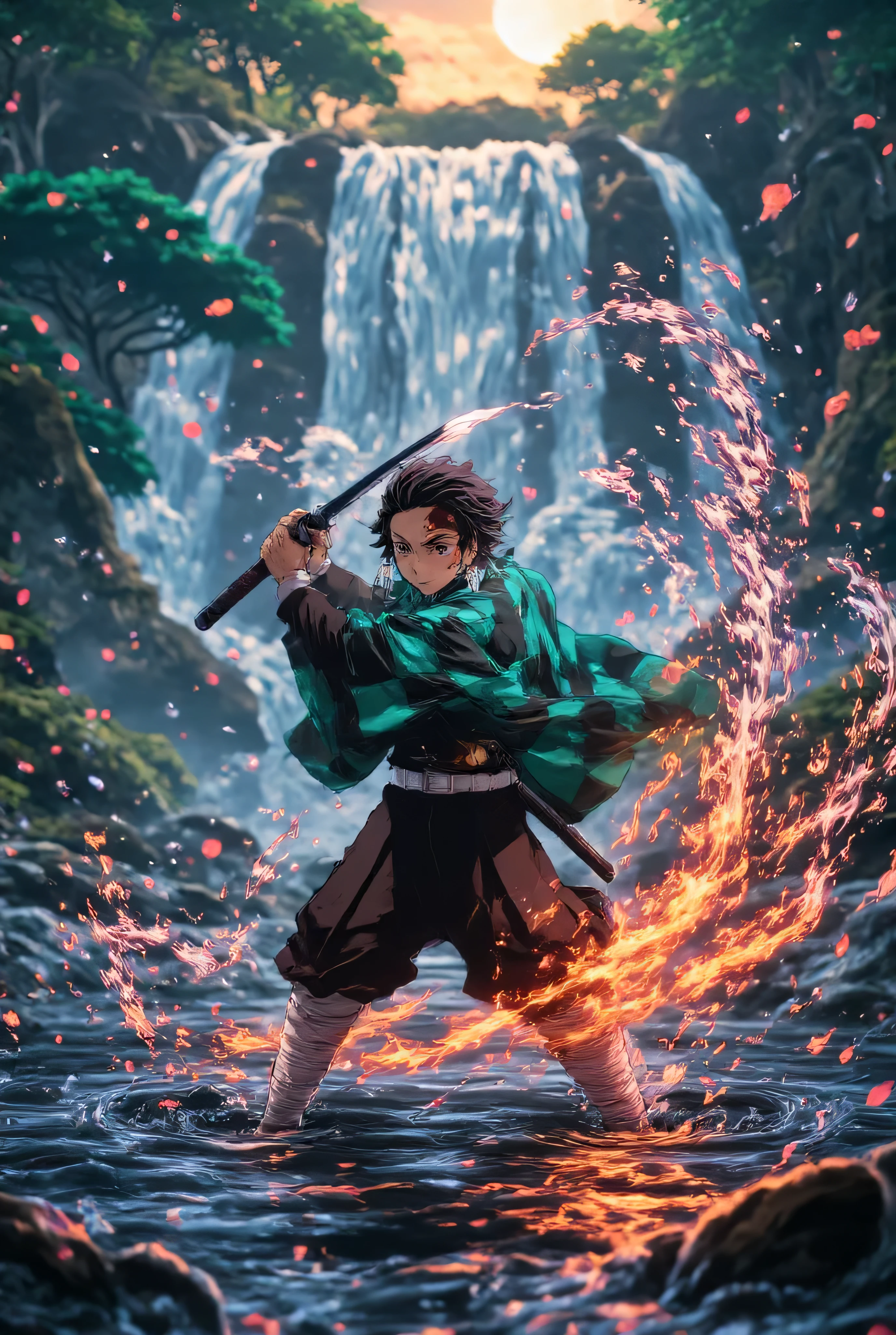 Tanjiro from Demon Slayer in surreal power realm, standing on calm water surface with sword drawn, water breathing aura swirling around him as ethereal dragons and koi fish made of glowing water, embers and flames subtly rising from his feet (Hinokami Kagura influence), expression of fierce determination and deep compassion, layered haori flowing, background filled with massive suspended waterfalls and floating lotus petals, moonlit sky, magical mist, cinematic anime lighting, painterly style with high detail, emotion-charged atmosphere, epic fantasy tone, realm of power visualization