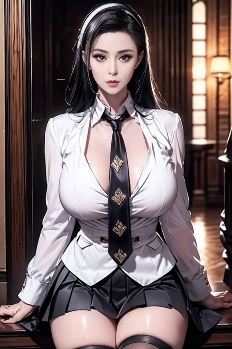 Draw lips correctly, Lipstick, From chest up, best quality, Super detailed, Practical, super thin skin, Perfect anatomical structure, (aldult), (alone),Sexy and seductive teacher,Short sleeve,27-year-old woman,Charming smile,Slim and curvy body,Cleavage,Revealing clothes,Pleated Skirt,Tease underwear,Confident posture,Conduct sex education,classroom environment,blackboard,Books and papers,stop,Round Face,A bit big,Large bust,Cleavage,full-body shot