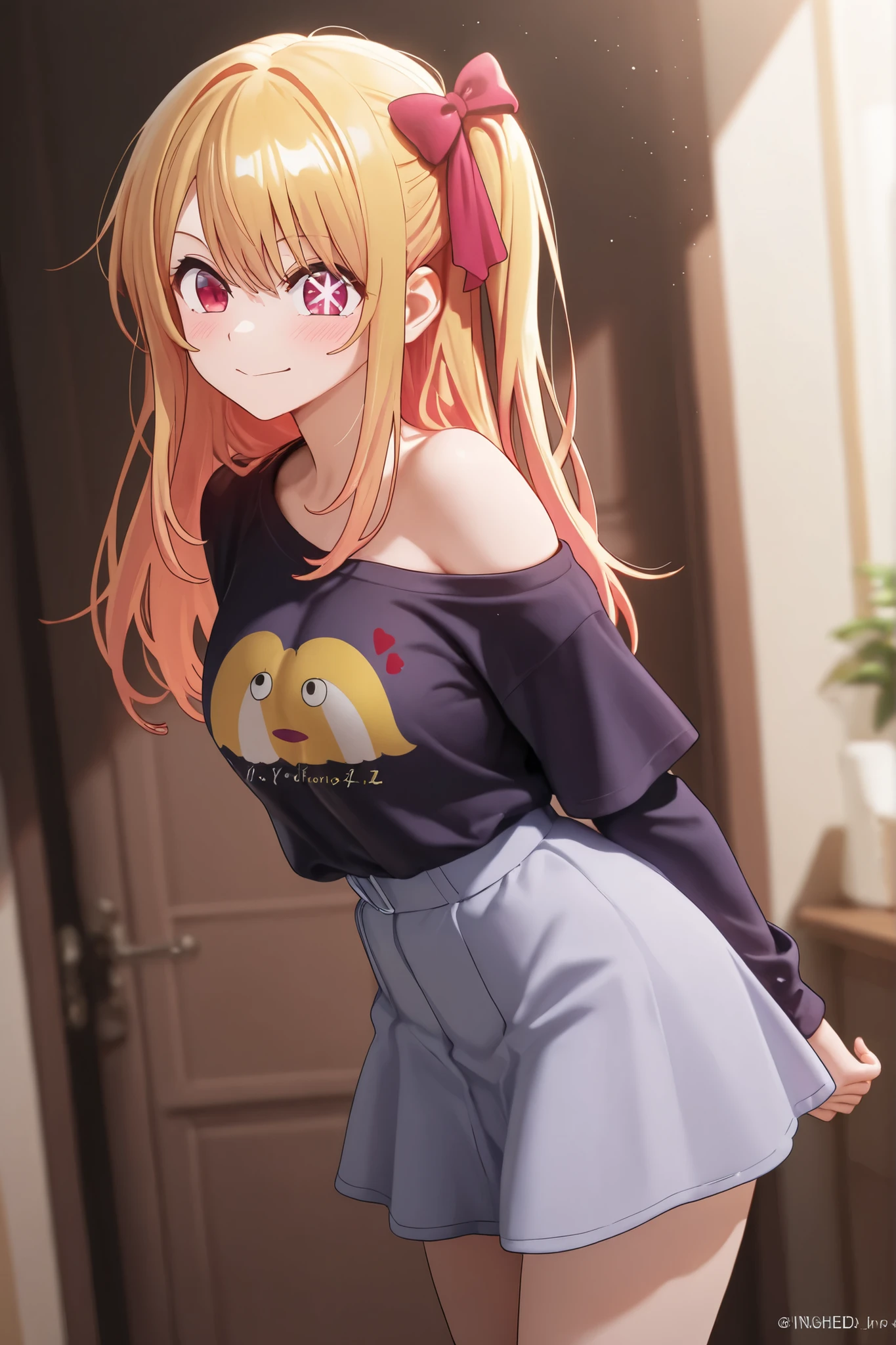 A short girl and black guy, girl wearing a oversized plain pink T-shirt seduces viewer while looking at viewer in the washroom, view from bellow, healthy thighs,
, , (evil smile:1.2), off-shoulder, long sleeve, tan skin, Saucy, blush,
The guy puts his hand on the girl's shoulder,
absurd-resolution, ultra-detailed, best quality, cute illustration,  (((オイル肌、光沢のある肌、sweat,wet,下品))), ((steam))、(full shot:1.8)
