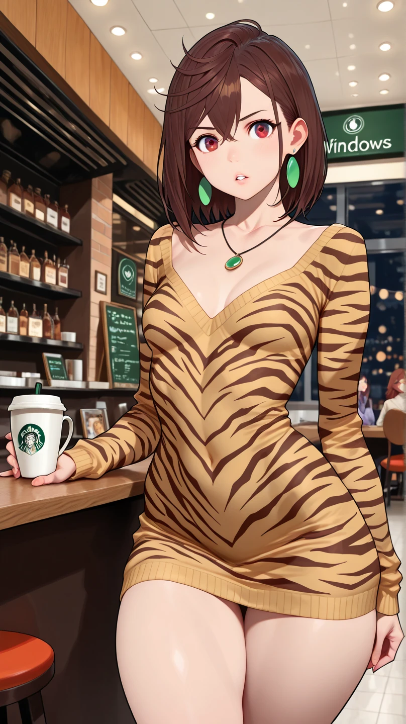 Beautiful asian woman, brunette, busty, big , cheetah print bodysuit, 5 star restaurant environment