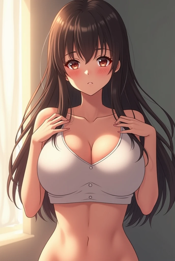 hand on hip、leaning forward, side angle, Cleavage、Upper Body, Realistic, real person, (pale skin: 1.2), RAW photo, photorealistic, shiny skin, shiny hair、(A 25-year-old woman with medium-length hair and bangs) and (wavy hair) and (brown hair) and (orange eyes) , Wearing a white tank top 、Wearing denim、smile, open mouth, The background is the living room、Alone、