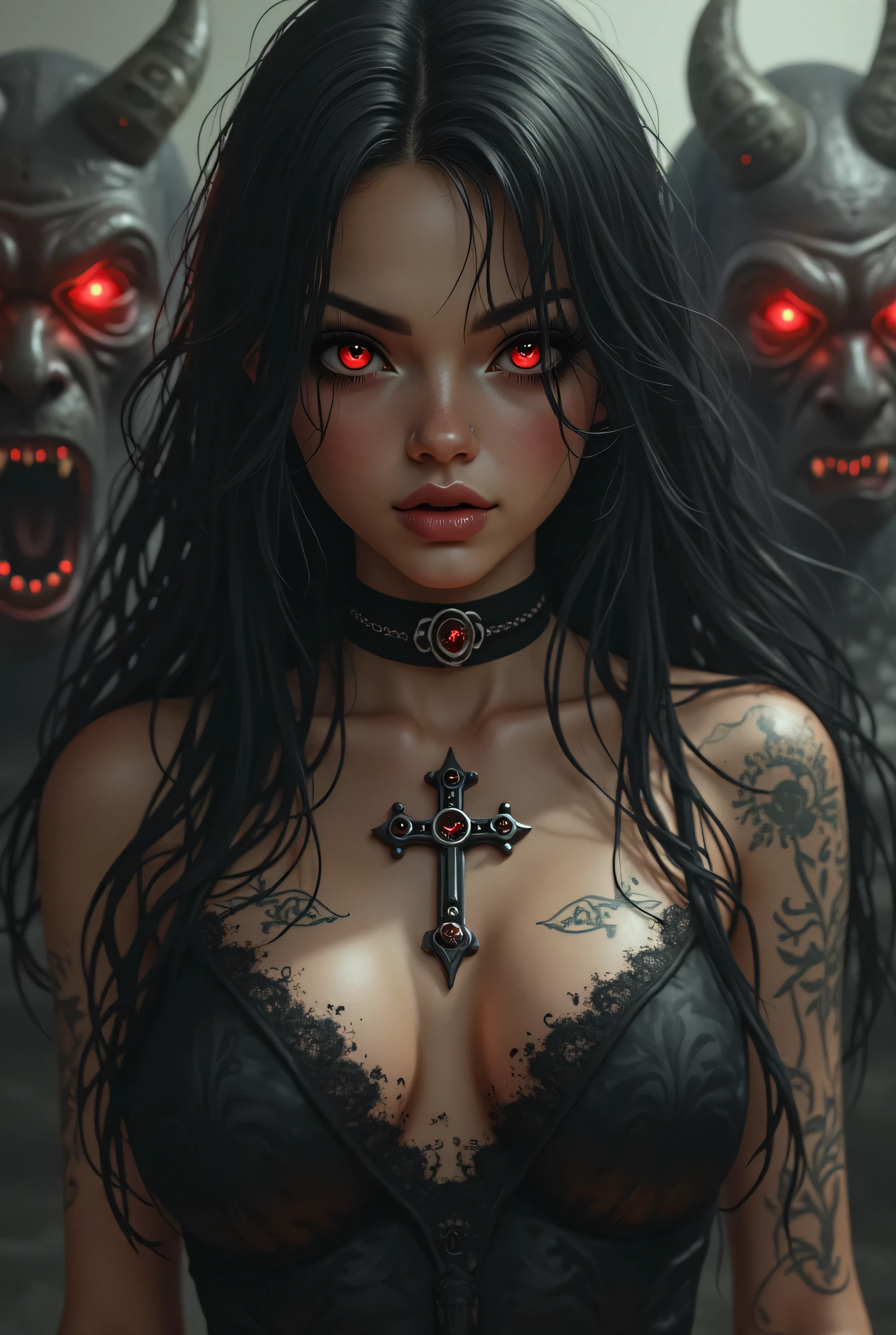 A gril have beautiful look. Her hair is long and thick black. Her eyes are attractive. A holy cross tatoo on her chest. Behind her there a few demons at her. That demons have red eyes. The girl not scared because she is the leader.