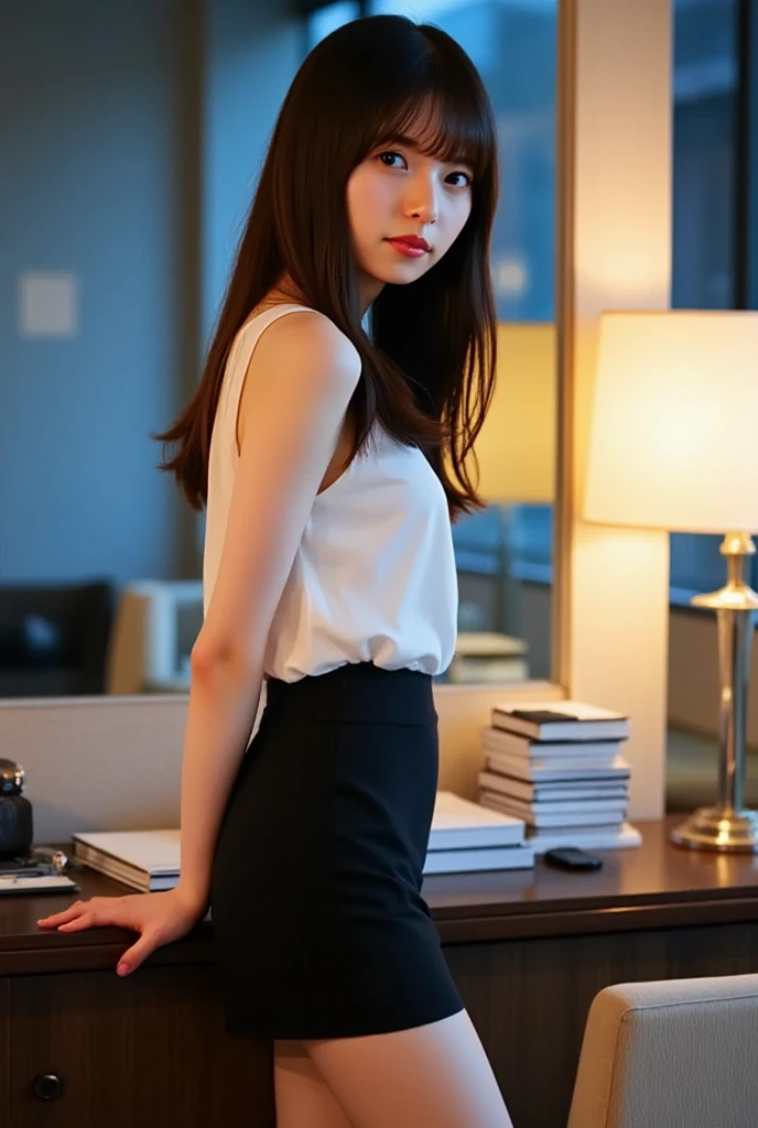 A woman with the same face as last time,4K、1Man Woman、Slender Abs、Loose wavy styling、Please express it beautifully in every detail........having clothes are worn、Wearing a suit、Wearing a skirt、Sitting at a desk、is standing、full body Esbian.Attractive position、 Including face and skin texture.,Detailed eyes,sticking out the buttocks、Seducting look、Backshots