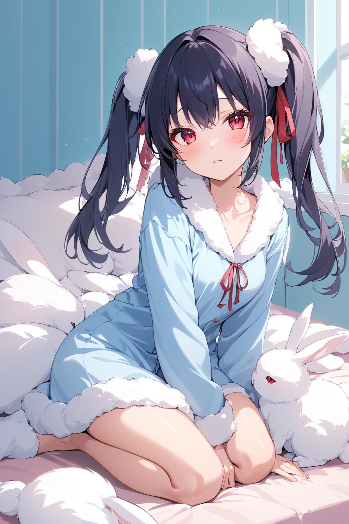 Cheerful bunny girl, see-through attire, white bunny, caring smile, reverse bunny, holding a huge stuffed toy, lie on back, on the japanese style futon,