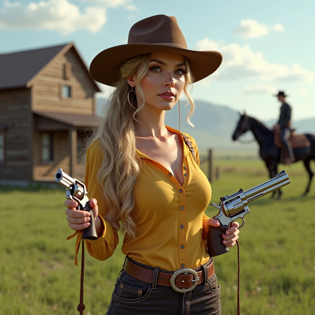 (Beauty feces(Female Cowgirl:1)portraitures:1.5)Wind-swept wilderness landscape(((masterpiece)))、((top-quality))、A MILF、blue eyess、Western Costumes、Brown pants、8K、The ultra-detailliert、realisitic、landscapes、concept-art、exceptionally detailed RAW color photo、Side angle、(lensflare:0.7)、particle effect、Ray latching、Cinema Trick Writing、Shallow depth of field、Shot with Sony Alpha 1、50mm wide angle lens、Foconitide、Cinematic Film Still、 dynamicposes、、(realisitic:1.3)、a blond、Woman Western、Gun belt.large full breasts、gazing at viewer、超A high resolution、Rugged look、Brown Western Hat,
