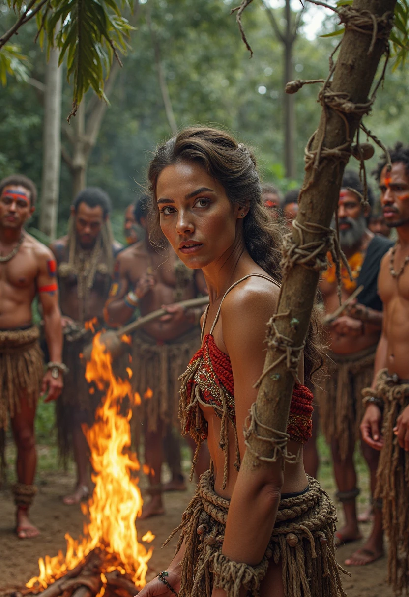 "A blonde American woman, bound with rough ropes, lying on a stone sacrificial altar under a large, menacing statue. She looks terrified, with fear in her eyes. Surrounding her, scary tribal people with fierce expressions and traditional tribal attire perform a ritual dance. The scene is set in a dense jungle at twilight, with shadows and the last light of the setting sun creating a dramatic and tense atmosphere. Realistic, highly detailed, cinematic."