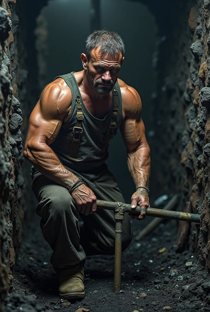 (high quality, Photo Realism) basement, hundreds of different rusty pipes, water gushes from pipes, hot steam is coming, Lots of water, in the foreground is a grandfather with a crazy face, mouth wide open, turns the water tap with a huge sledgehammer, and screams loudly, boiling water pours over him