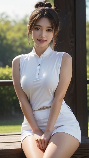 (8K, best quality, masterpiece, Golden Ratio Composition,:1.3), woman, (Beautiful woman in her 40s), (90 kg obese woman), (Thick thighs), (光滑的Long legs), (Wearing a white shirt,:1.2), (Huge breasts), (Long legs), Soft face line,Gentle,Silver short hair,