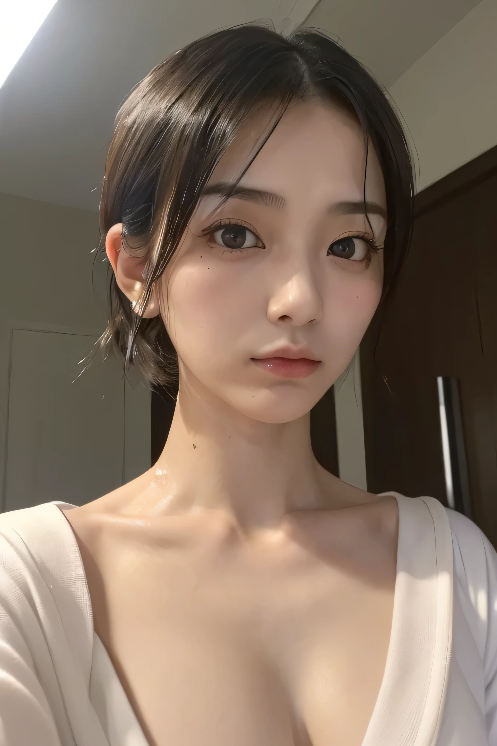 (64k, RAW photo, best quality, masterpiece: 1.4),(amateur picture,amateur light),(close up),(realistic,photorealistic:1.2)1girl,cute gothic girl sleeping eyes european girl in white t-Shirt,(solid shirt),(taking selfie),white girl,(black short hair,messy hair),(black eyes:1.1),cute face