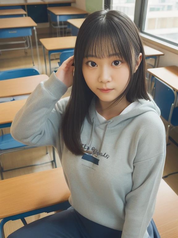 Indonesian girl 17-year-old Hairstyle Casual, wearing crewneck dress at high School class