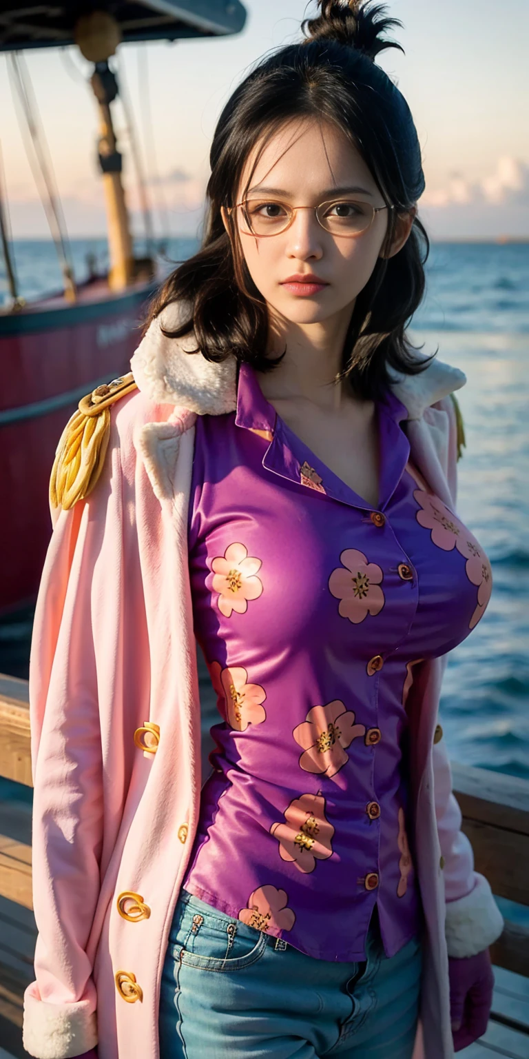 8K, photogenic, delicate depiction, realistic skin, woman in her twenties, attractive woman, girl with purple hair and red top hat and red tie, Nico Robin, from dress, seductive girl, Misato Katsuragi, full color, full body close-up shot, beautiful attractive woman, Rumiko, full body art, juri misaki, realistic background,