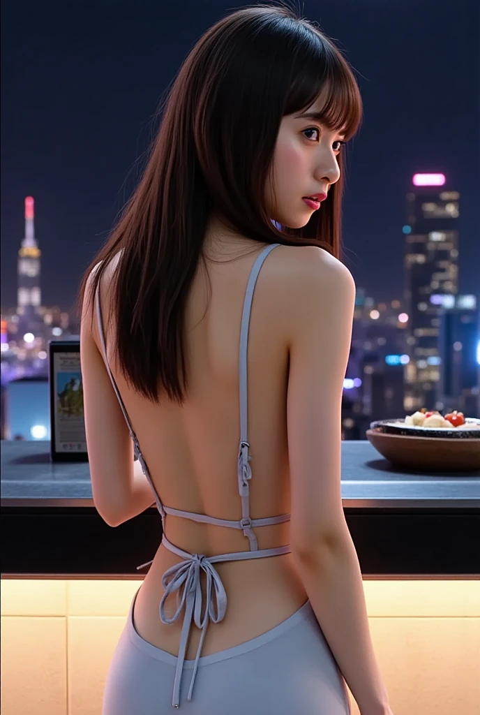 (8k, RAW photo, top quality, masterpiece: 1.3), (realistic, photorealistic: 1.37), (night), (viewer view: 1.331), (gray hair), posing, tokyo street, night view, cyberpunk city, soft light, 1 girl, very beautiful face, bust, random hairstyle, random expression, big eyes, , lower abdomen, micro bikini, mix 4, detailed eyes, full body, 13 years old From behind
