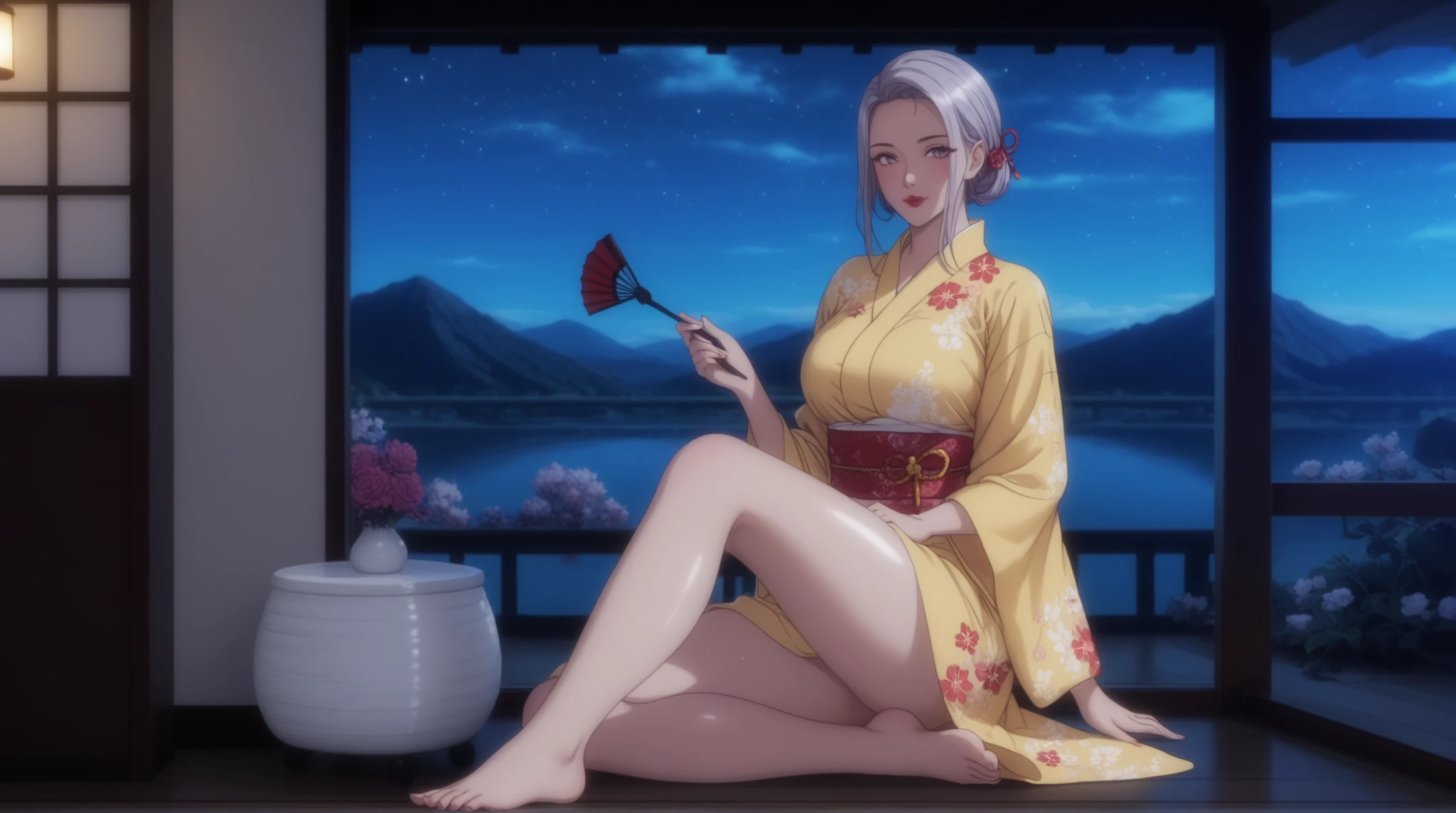 Wearing a yukata smil invite kneeking Longhaire pink there piercings Alone flower petals Curta seduces gyuru piercings Tying up hair Soio While sucking scrunchies in the mouth I see underwear Large ribbon