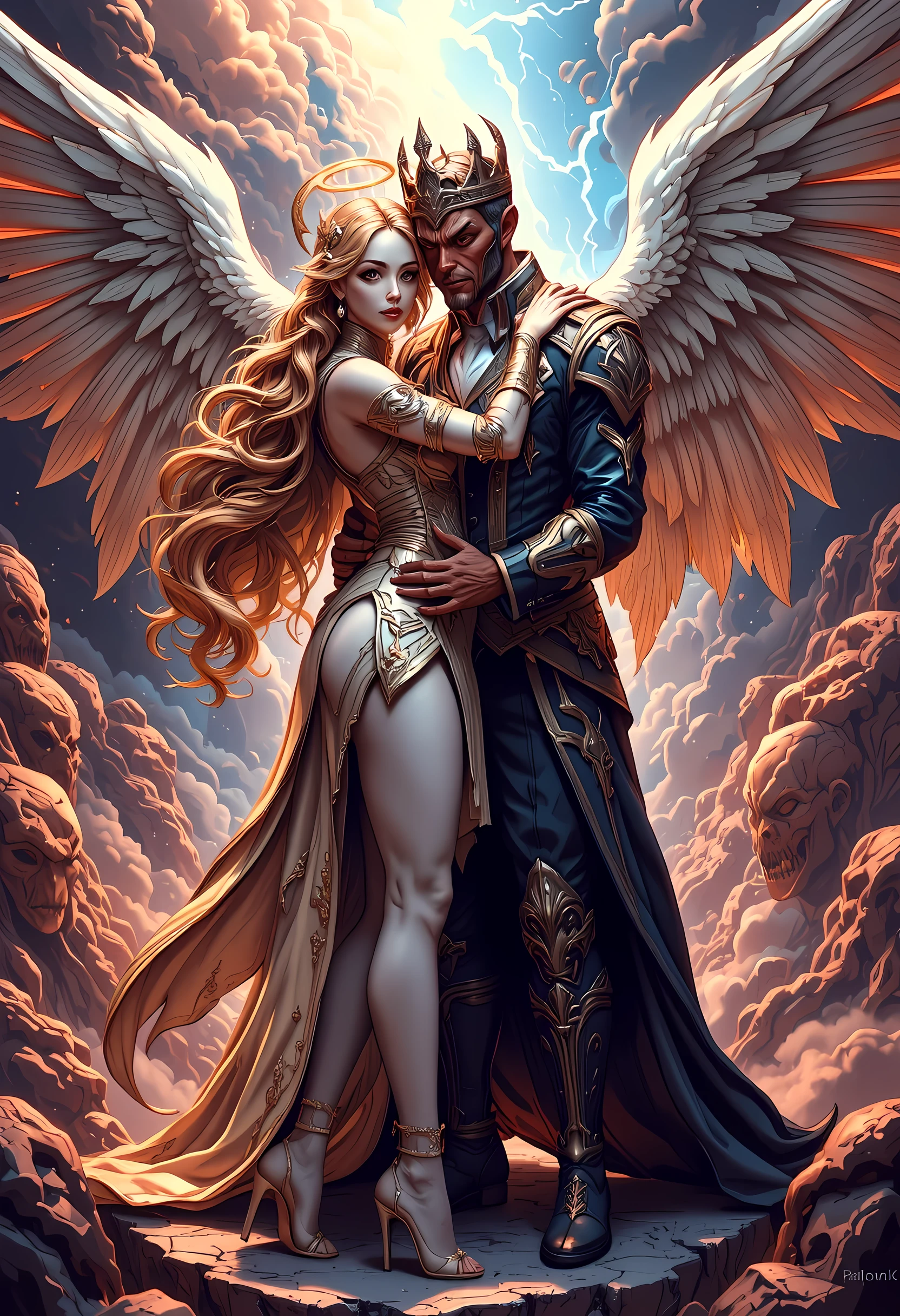n epic comic art painting, watercolor masterpiece art king of hell and a queen from heaven hugging in heaven, a female queen angel wearing gold crown, wearing tight sexy dress, (white stockings: 1.3), high heels, dynamic color dress, pale skin, best details beautiful face ,dynamic hair color, busty, small cleavage, glowing halo, long hair, orange hair, wavy hair, white angelic wings, BREAK, a male demon king ((red skin: 1.5)), (black bat wings: 1.2), black demon horns, ,dynamic hair color, busty, wearing silver crown, red eyes, best details beautiful face, (wearing a intricate suit: .1.3), white shirt, boots , hugging on a cloud in heaven, dynamic lightning, heaven background, vibrant, Ultra-high resolution, High Contrast, (masterpiece:1.5), highest quality, Best aesthetics), best details, best quality, highres, ultra wide angle, 16k, [ultra detailed], masterpiece, best quality, (extremely detailed),  Celestial Fantasy, zavy-ctcmcs, w1n, hyp3rd3tail style, Celestial Fantasy