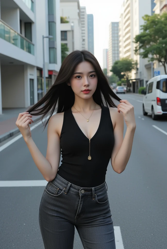 ((masterpiece)), ((super highest quality)), realistic, 8K RAW photo, ((Hyperbe familiar with)), girl, ((Any Pose)). beautiful face, Oversized black T-shirt and hot pants, Blurred light background, ((flat chest)), be familiar with, perfect body, perfect hands, thick thighs, 日本のgirl, look up, Landscape in the background, long hair, thighs exposed, perfect handss, dynamic lighting, HDR, (Improve:1.3), Shibuya Ward, from behind, (whole body:1.3)