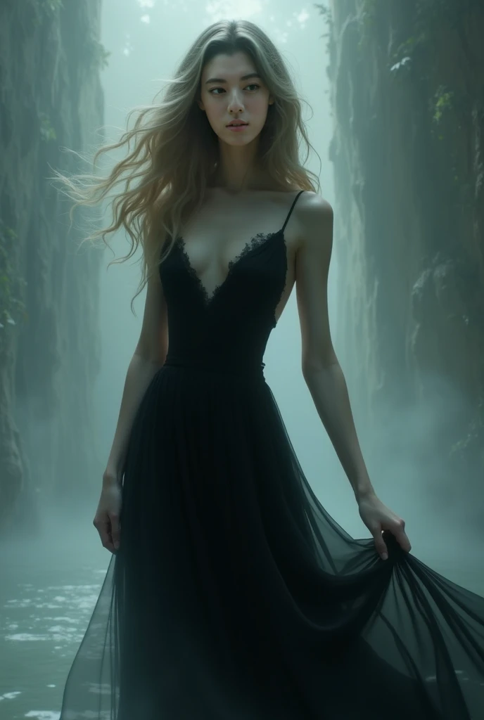 a beautiful woman singer in a mystical and ethereal cancer-themed scene, detailed face, long flowing hair, elegant dress, dramatic lighting, magical atmosphere, photorealistic, cinematic, dramatic colors, fantasy, concept art