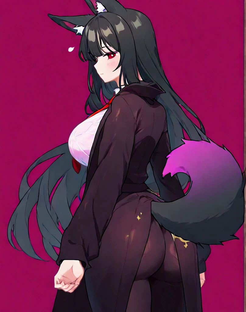 Massive booba, red eye,black tail fox, 8 tail fox, long hair, big ear fox