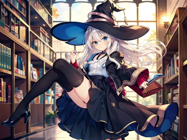 1girll,Western-style witch costume,inside a library,black lence stockings