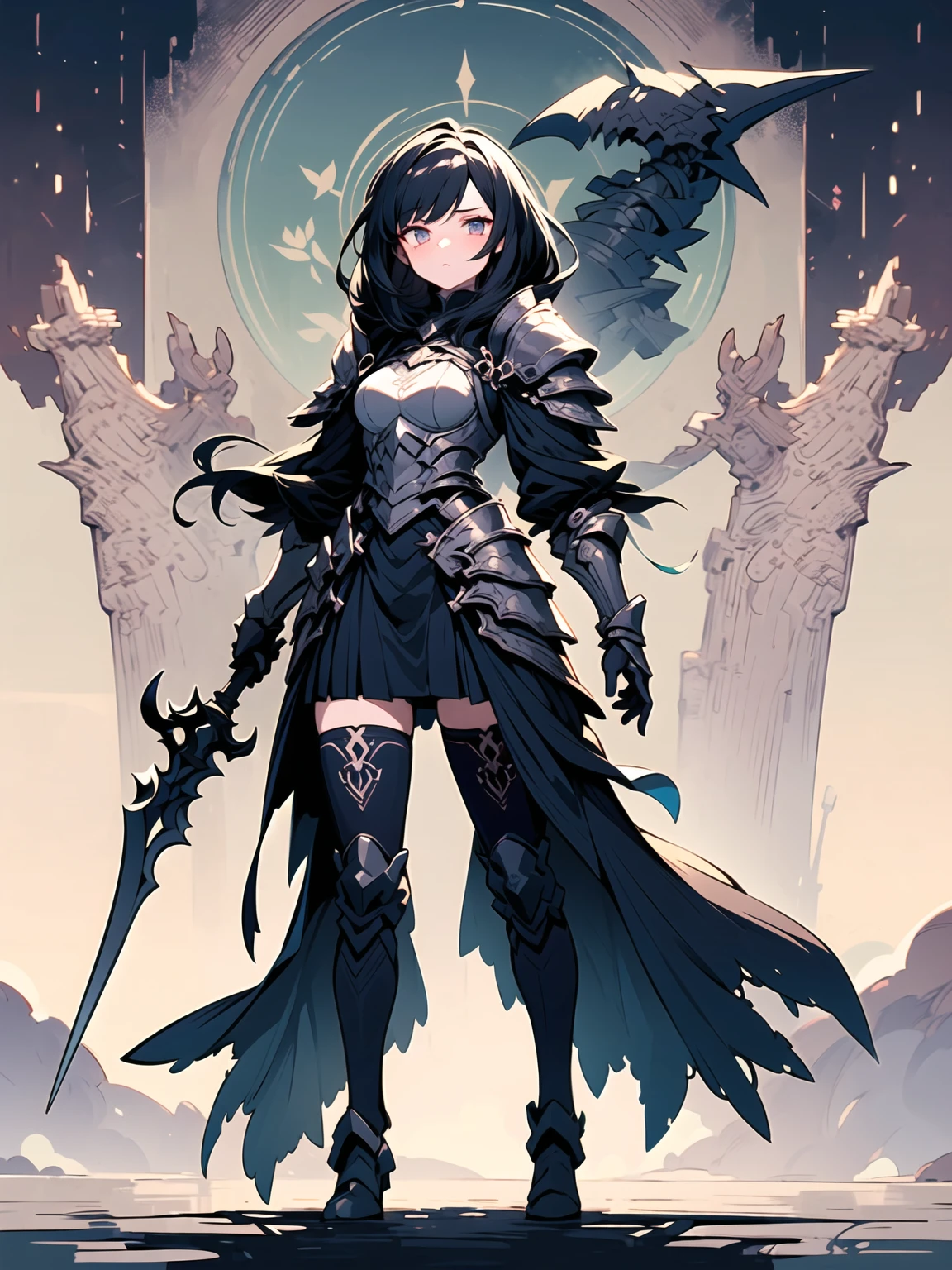 ((one-eyed blindfold)), holy paladin, scythe, dark Heavy armor, absurdres, RAW photo, extremely delicate and beautiful, masterpiece, Best Quality, ultra high resolution, 32k, hyperrealistic, ultra-detailed, detailed description, pale skin, 20 years old, tearful mole, earring, Colossal tits, short medium hair, wavy hair, evil grin, full body shot,