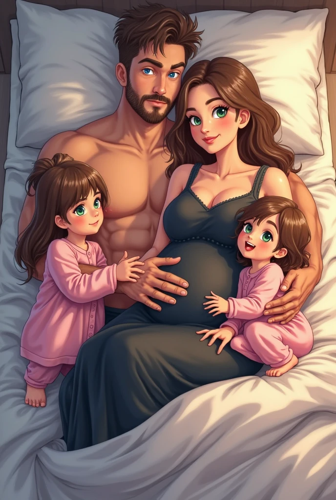 Jason helps Bee take care of the baby.
Jason :male,White man, black hair,blue eyes, He looks handsome and cool.rough
Bee:A girl with short hair, black hair, brown eyes she fair skin, pregnant appearance, huge breasts,beautiful, sexy, naked