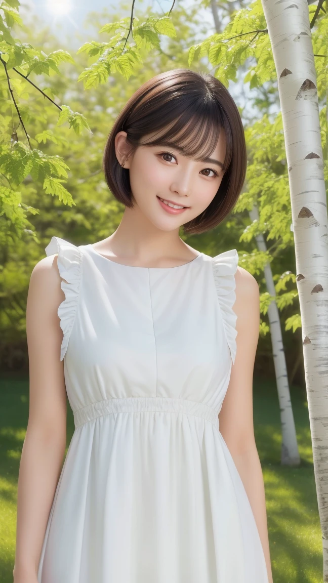 (at the park:1.5)、(Wearing a baseball cap on a summer day:1.5)、(A cute smiling 18-year-old woman:1.5)、(The best quality at its best:1.4), (Super detailed), (Very detailed CG unified 16k), Beautiful woman with perfect figure: 1.4, Sharp focus: 1.2, Very detailed, High-quality RAW color photos, Professional photography, Great face and eyes, cosmetics, (Amazingly beautiful girl), ((White dress:1.5)), Realistic movie faces, Full body long view from head to toe, Realistic, ((Realistic natural orange red hairstyle)), ( Short Bob Hair:1.5), (necklace:1.5)、, Very beautiful face, Perfect model beauty, Mouth swelling, Very detailed face and skin texture, Fine grain, double eyelid, Medium chest, (masterpiece), Highest quality, High resolution, Very detailed, Blurred Background, Depth of written boundary, Cinema Lighting, Great legs, , Clear, well-maintained skin,((Full body shot from head to toe:1.5))