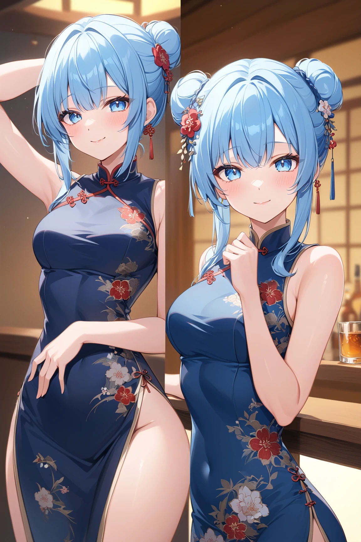 NSFW,masterpiece,Highest quality,High resolution,Super detailed,Sinon\(Sword Art Online\),(China dress),Bare shoulders,Cleavage, hair ornaments, Hair Clip,Embarrassed,expectant face,smile,blush,Chinese restaurant