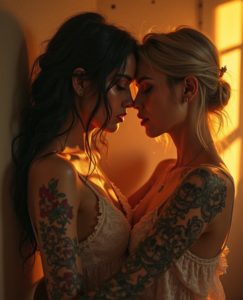 ((tattooed princesses:1.5)), ((elegant gowns)), intricate rose tattoos on arms, princess giving a tattoo, intense focus, ((vintage tattoo parlor setting)), soft golden light with gentle bokeh, ((detailed jewelry:1.3)), flowing hair with delicate highlights, ((realistic skin textures)), ((high detail:1.5)), ((UHD:1.5)), ((8K:1.6)), by ((Greg Rutkowski:1.3)), ((Loish)), ((high quality:1.6)), ((masterpiece:1.6)), BREAK ((intimate close-up shot)), ((soft cinematic lighting)), ((shallow depth of field))