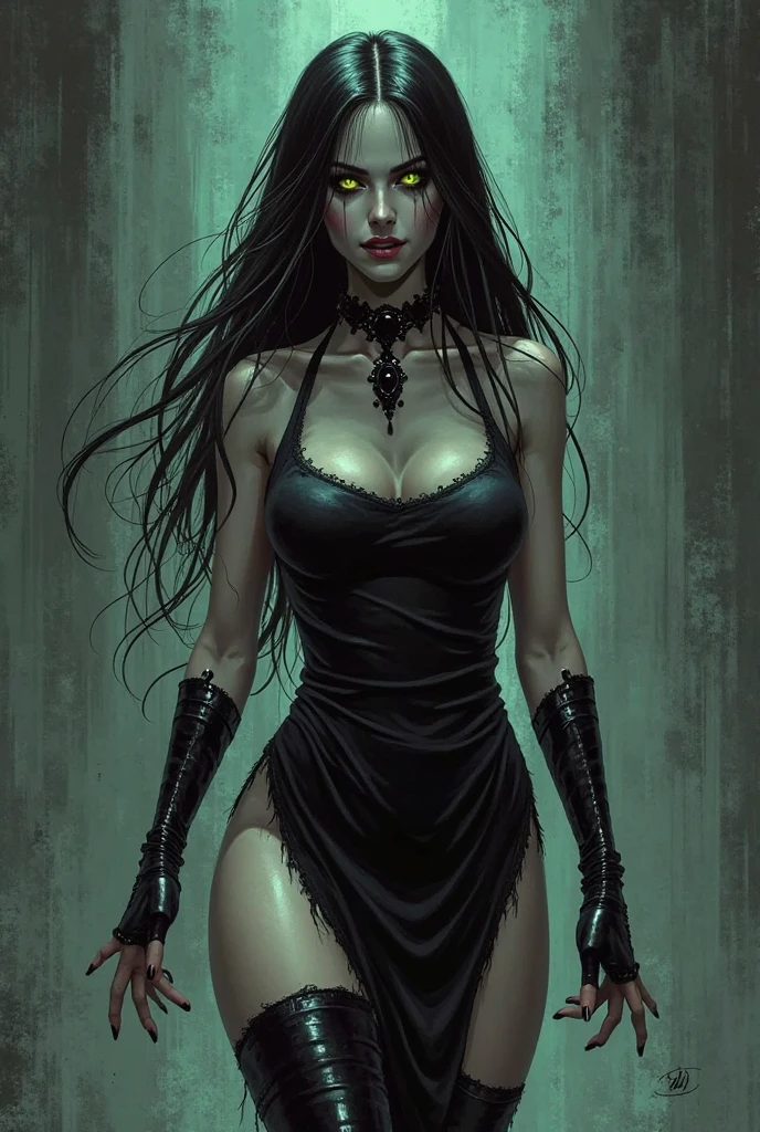 a beautiful young woman with long black hair, black dress, dark fantasy character, evil character, heavy black makeup, black lipstick, black veins, slitted pupils, masterfully detailed face, cinematic lighting, highly detailed, hyper realistic, octane render, muted color palette, dramatic chiaroscuro lighting