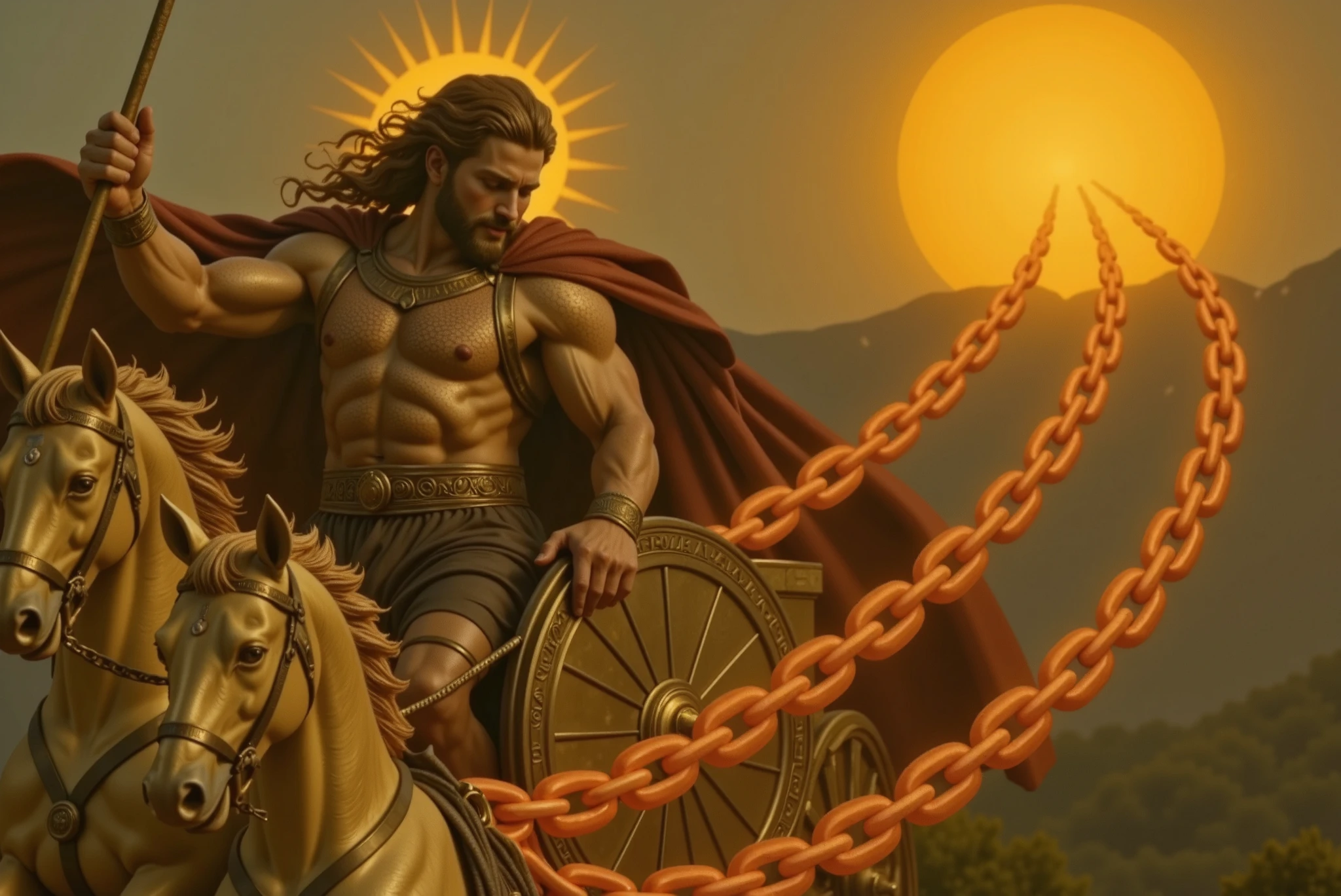A realistic image of Helios in his golden quadriga, pulled by golden horses. Three chains are attached to the back of the chariot, dragging the sun. Helios looks down with a commanding presence. A realistic image of Helios laughing while looking down, standing in his golden quadriga, pulled by golden horses. Three chains are attached to the back of the chariot, dragging the sun.
