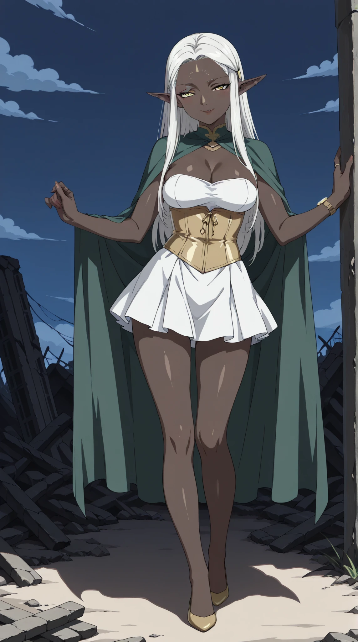 masterpiece, best quality, thesilent, dark skin, skull, covered face, green cloak, bandages, midriff, bandaged legs, upper body, huge breasts, thick thighs, looking at viewer, chiaroscuro, stone walls, dungeon, serious, from above