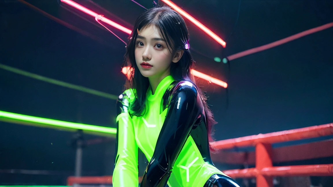 (8k, RAW Photos, highest quality, masterpiece:1.2), (Realistic, photo-Realistic:1.37),(Japanese female models), (Green Neon),(cyber punk),Wearing a see-through white rubber suit,