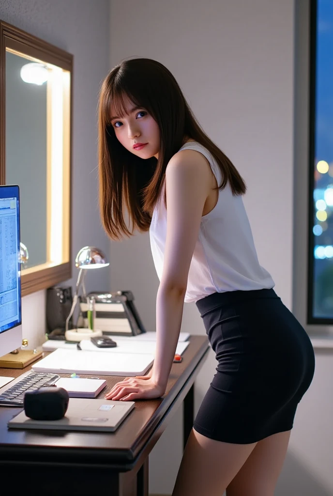 (Close-up:1.4)、(RAW shooting:1.2)、(photorealistic:1.4)、(masterpiece:1.3)、(highest quality:1.4)、solo、(Beautiful woman with perfect body:1.4)、7 head and body、cute、(Medium chest:1.2)、(cleavage)、(erect nipples:1.2)、(full body shot)、8K、(muste piece:1.2)、(Facing here)、brown eyes、(Short hair with bangs:1.2)、(white clothes、Dark gray tight skirt)、thin waist、small butt、(Stick your butt out)、Hands on the wall、backwards、angle from behind、office、You can clearly see the shape of your butt、Inviting gestures、sexy、Buttocks exposed、excited、lift up one's skirt、(show your butt)、Exposing behavior、Ass to show、Laptops、typing、(beautiful hands)、(beautiful thighs)、(perfect anatomy:1.2)、