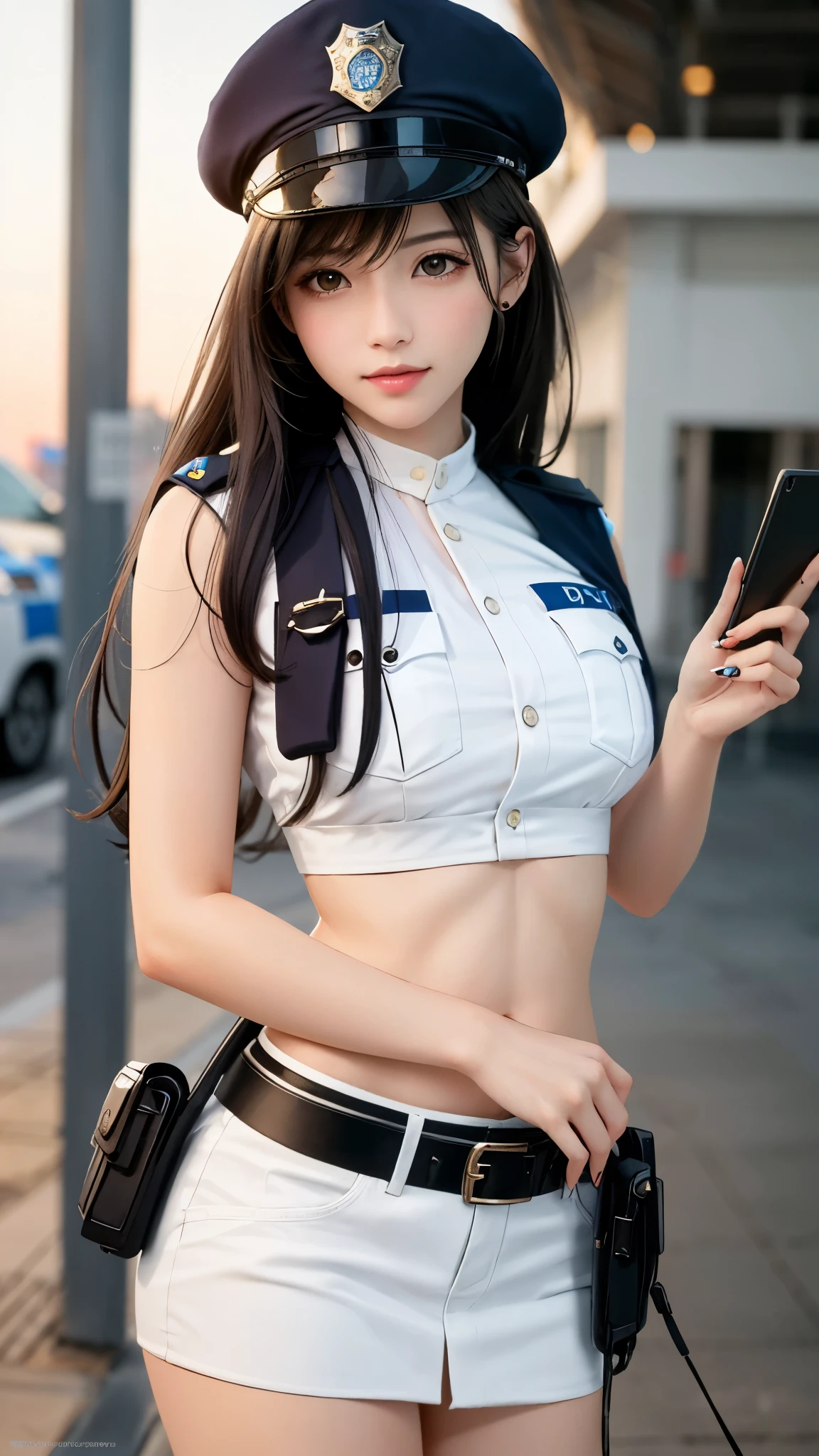 finely detail, hight resolution, hightquality、Perfect dynamic composition, Beautiful detailed eyes, Medium Hair, small tits、Natural Color Lip,Kamimei、Shibuya、20 years girl、1 persons、Transparent skin、Glowing hair、masutepiece, Best Quality, Ultra-detailed, finely detail, hight resolution, 8K、The correct state of the human body、crouching down、Gravure Model Pose,Beautiful sunset,In front of the red brick wall,beautiful ilumination,Photographed with hair fluttering in the wind,Colossal tits,((Police Cosplay:1.5,a short skirt:1.5,The shape of the chest is visible:1.5,thigh visible:1.5)),((Pinching the chest,Flip up the skirt yourself:1.5))