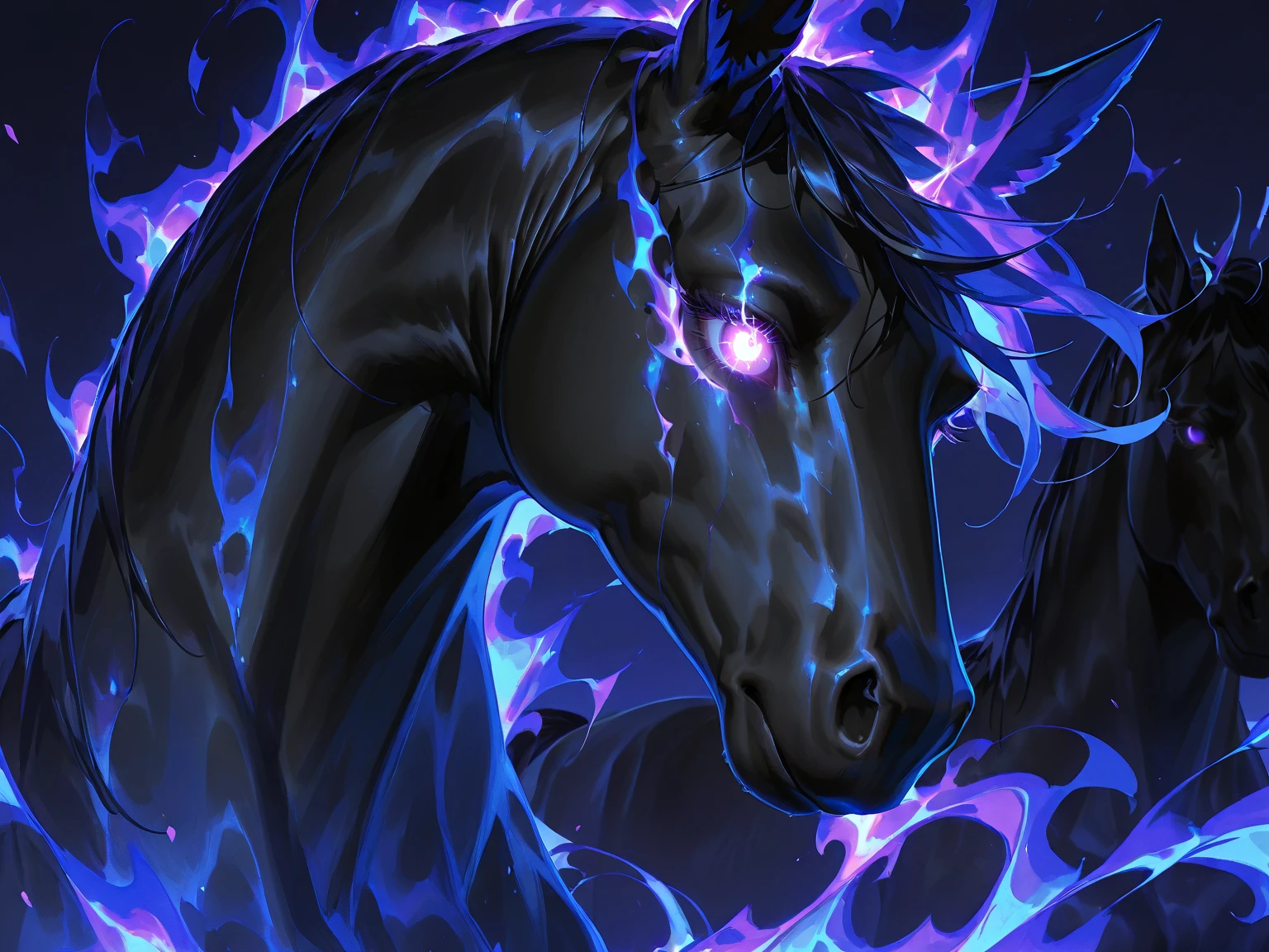dark fantasy, 2d game maker art, light black unicorn, lake background with hazy moon, big eyes, glowing smoke wine_red eyes, black_light glitter texture, rich colors and dark palette, add light painting coloring, intricate detail texture, intricate detailed, tonal contrast, toon rendering, super fine illustration, ultra quality, best quality, high quality, insanely detailed, 16k, extremely detailed, cinematic lighting,